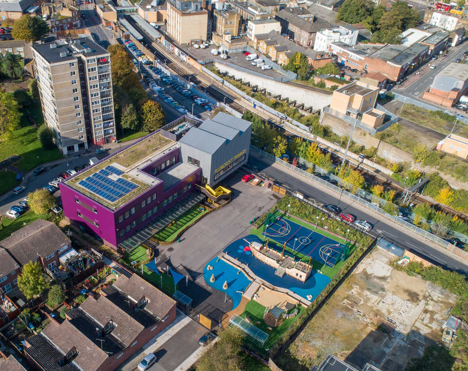 Aerial view of Plumcroft Primary school in Woolwich, London.